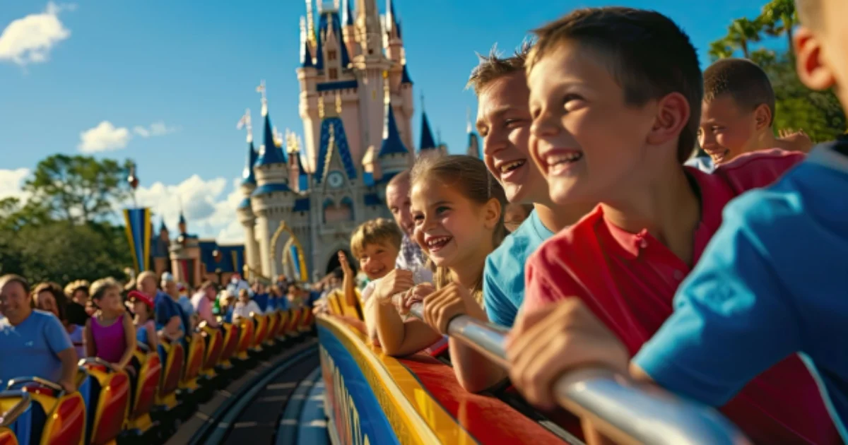 Group of kids and adults smiling on a colorful roller coaster ride near a fairytale castle at an amusement park